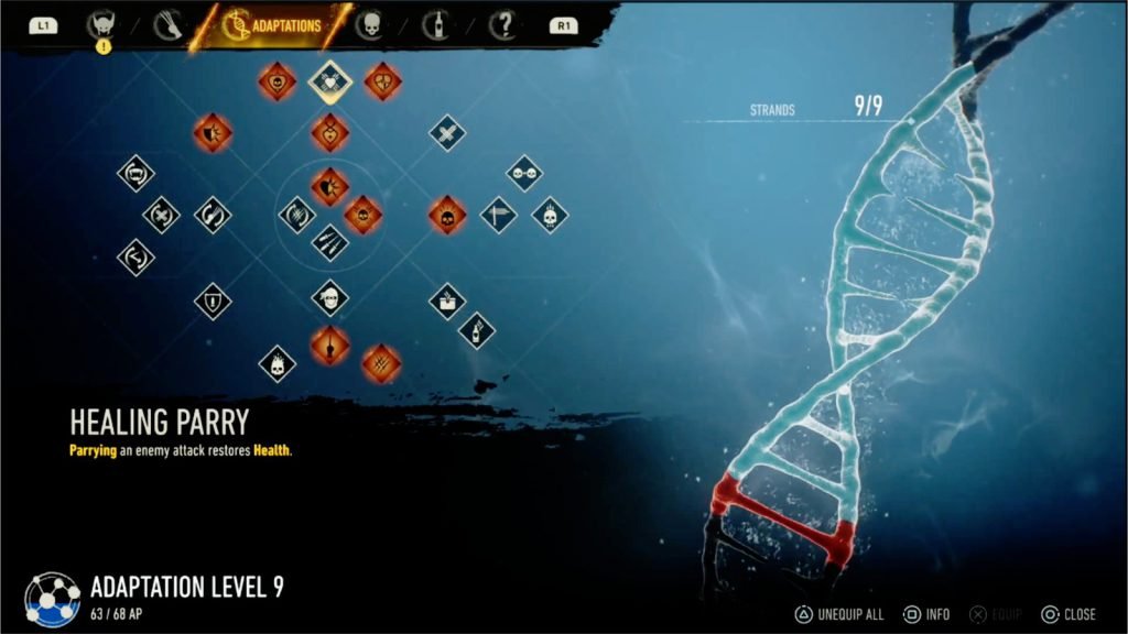 Marvel’s Wolverine Adaptations menu showing Healing Parry selected and 9 Strands unlocked.