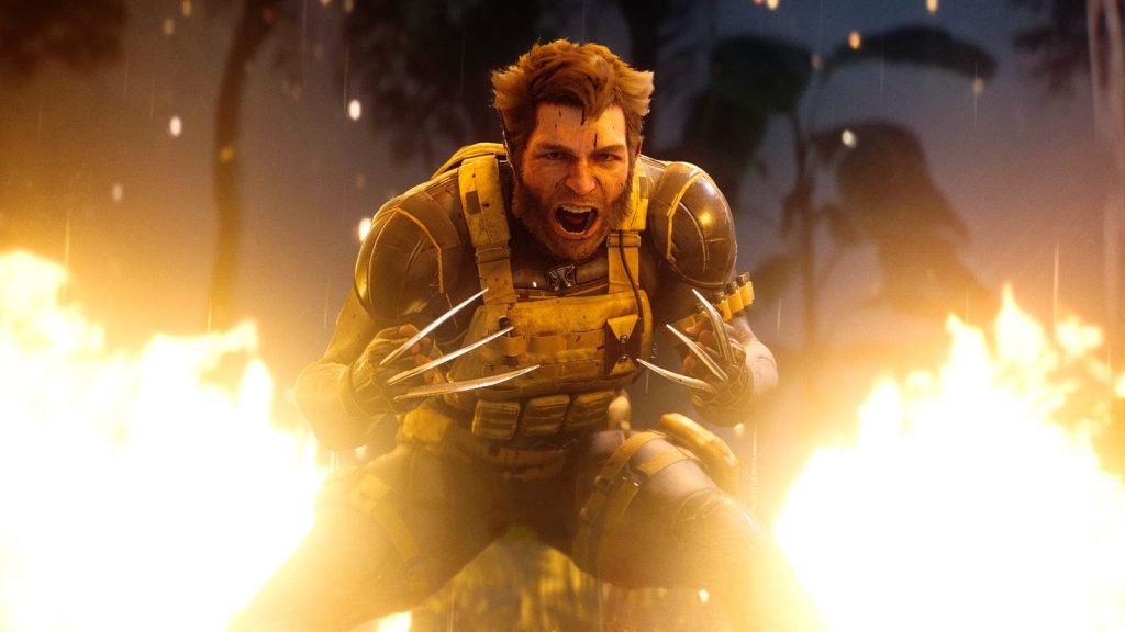 Wolverine crouches with his claws extended as flames burn around him in Marvel’s Wolverine.