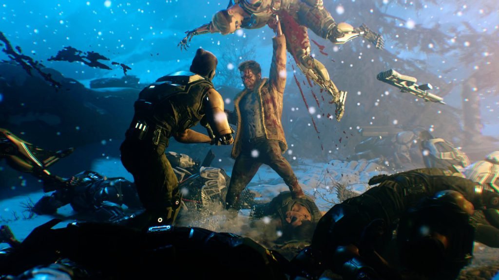 Wolverine fighting enemies in while one enemy is lifted overhead.