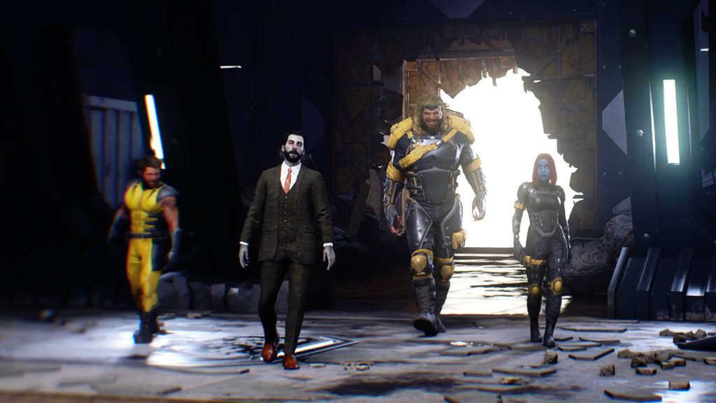 Wolverine walks through a damaged facility alongside members of Team X in Marvel’s Wolverine.