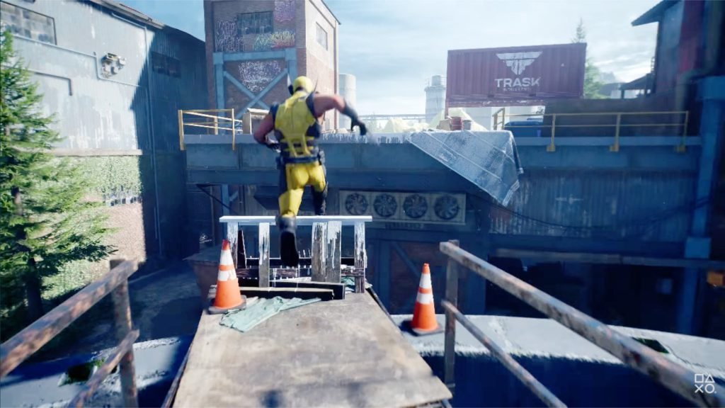 Wolverine jumps toward a white-painted traversal ledge in an industrial area in Marvel’s Wolverine.